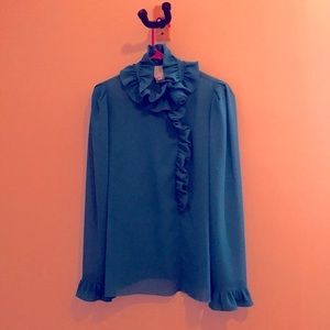Turquoise Anna Sui blouse with intricate collar with rose detail